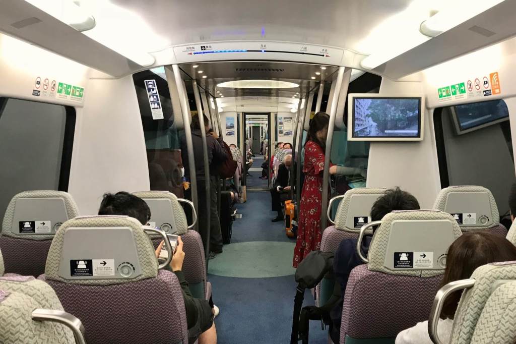 The interior of the Airport Express train from Hong Kong airport into the city