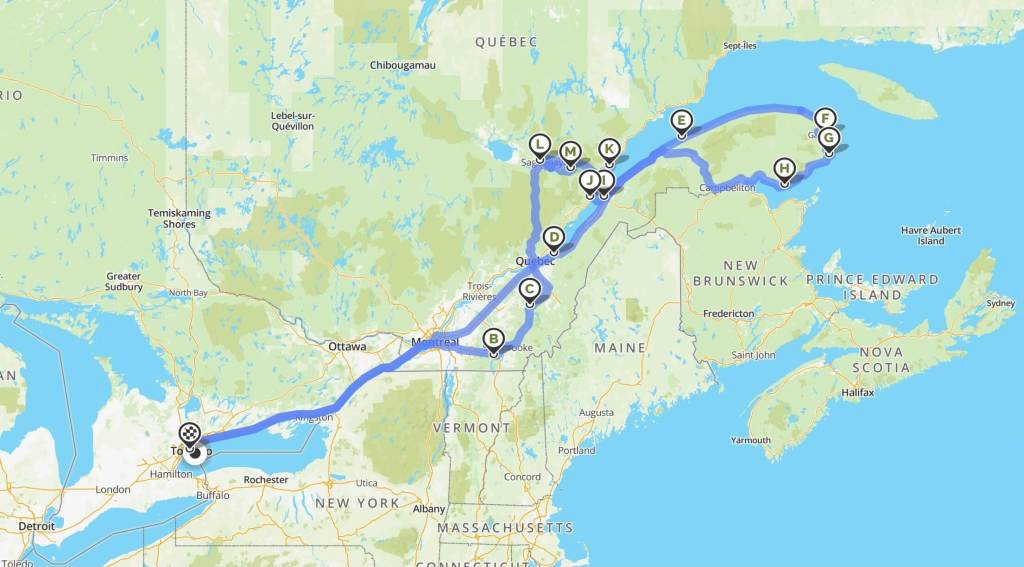 Map view of our Quebec road trip to Gaspésie and the Saguenay region