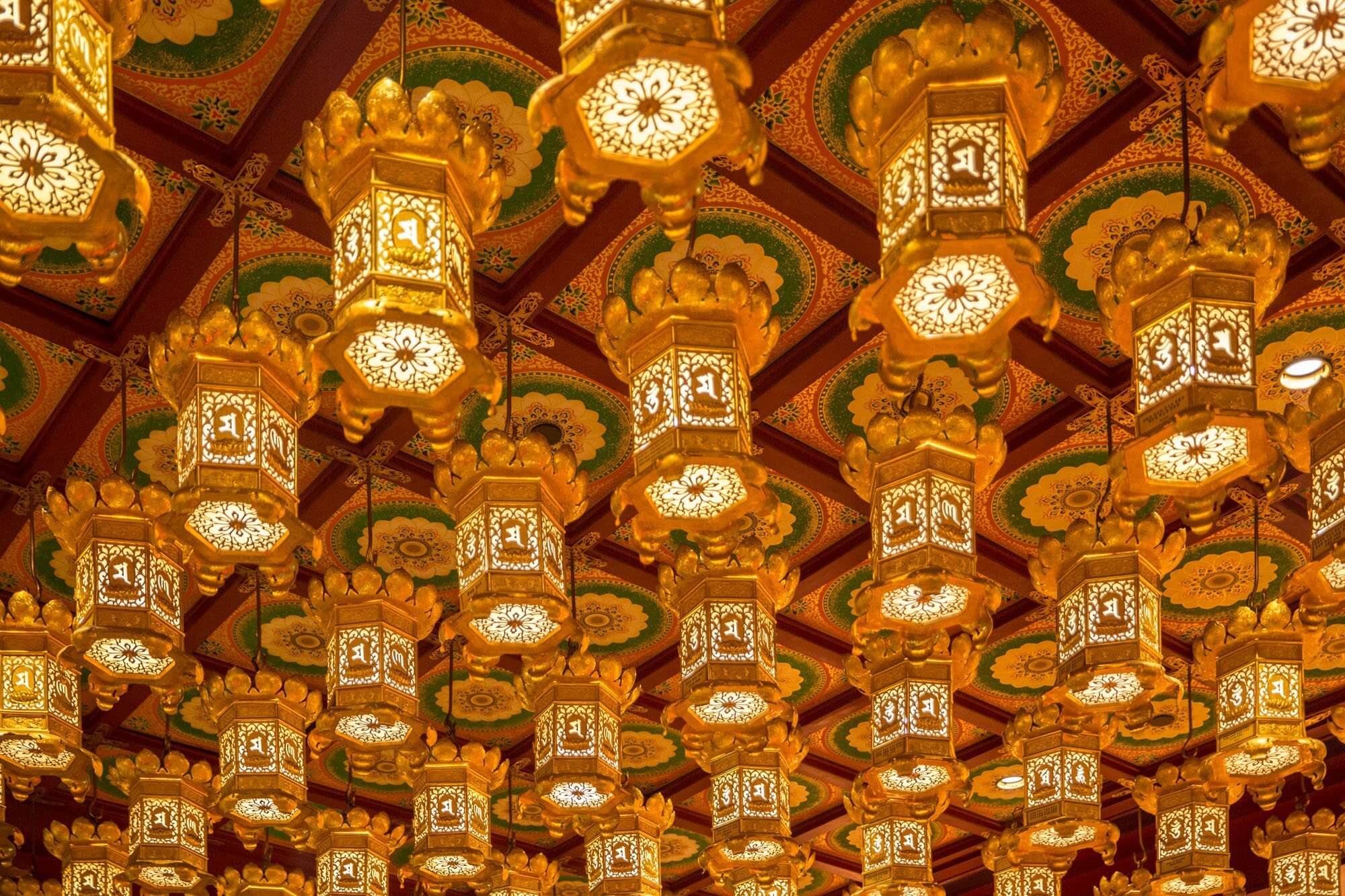 Detail of the ceiling lighting in the Buddha Tooth Relic Temple in Singapore