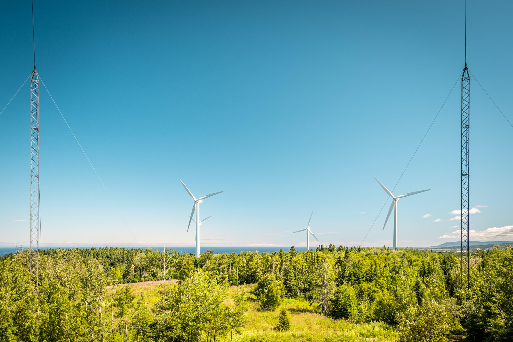 Wind turbine farm with stunning views atop the hills of Cap-Chat, Quebec