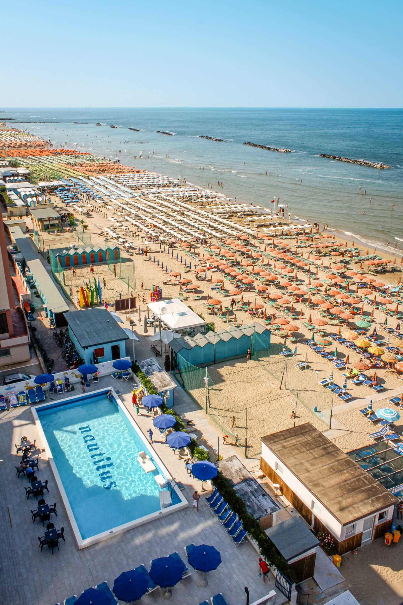 The manicured beach in the resort town of Pesaro, Italy