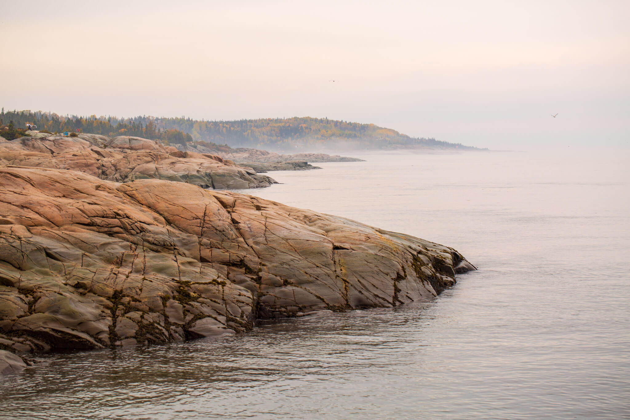Mist over the exposed granite shore of the St. Lawrence river at Cap-de-Bon-Désir