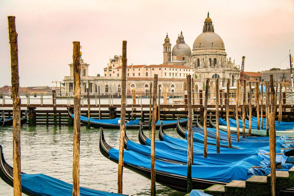 Venetian gondolas with Santa Maria della Salute in the background