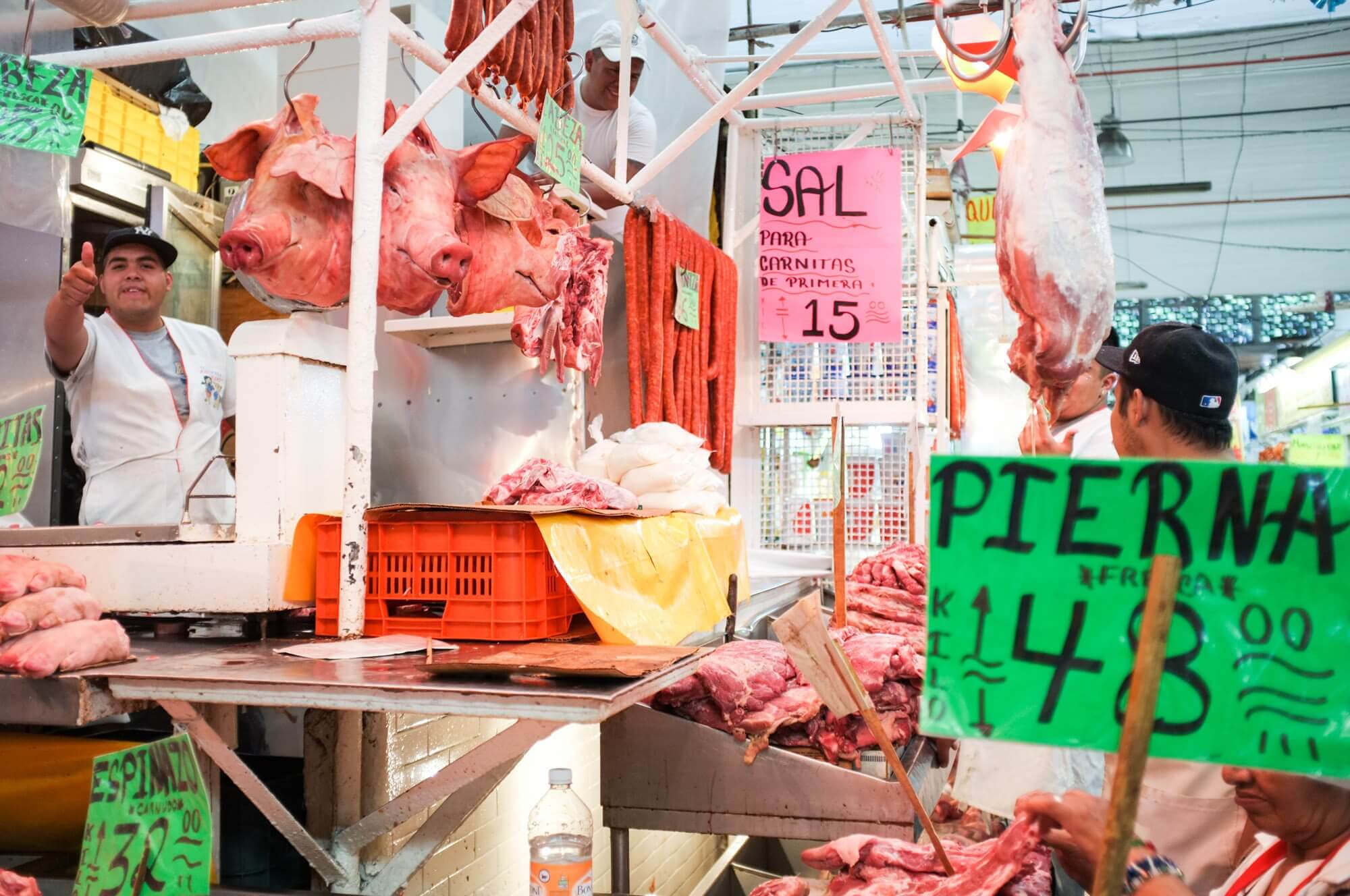 Pig heads and other meats at La Merced