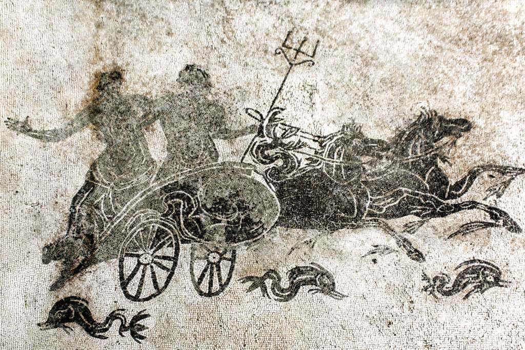 Mosaics featuring Neptune in a Roman villa, Domus del Mito, in Sant'Angelo in Vado, Le Marche, Italy