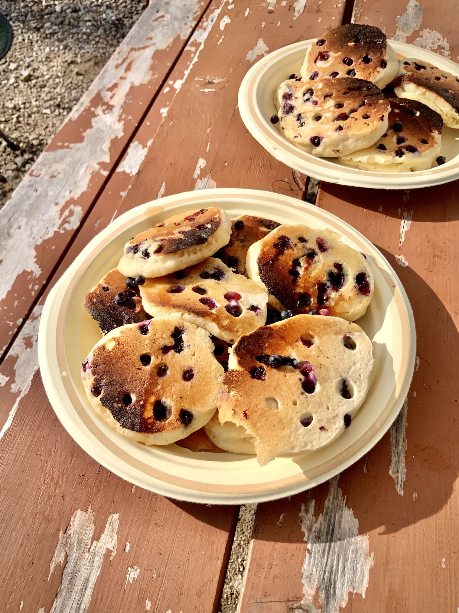 Plate of blueberry pancakes on a picnic table at a campground