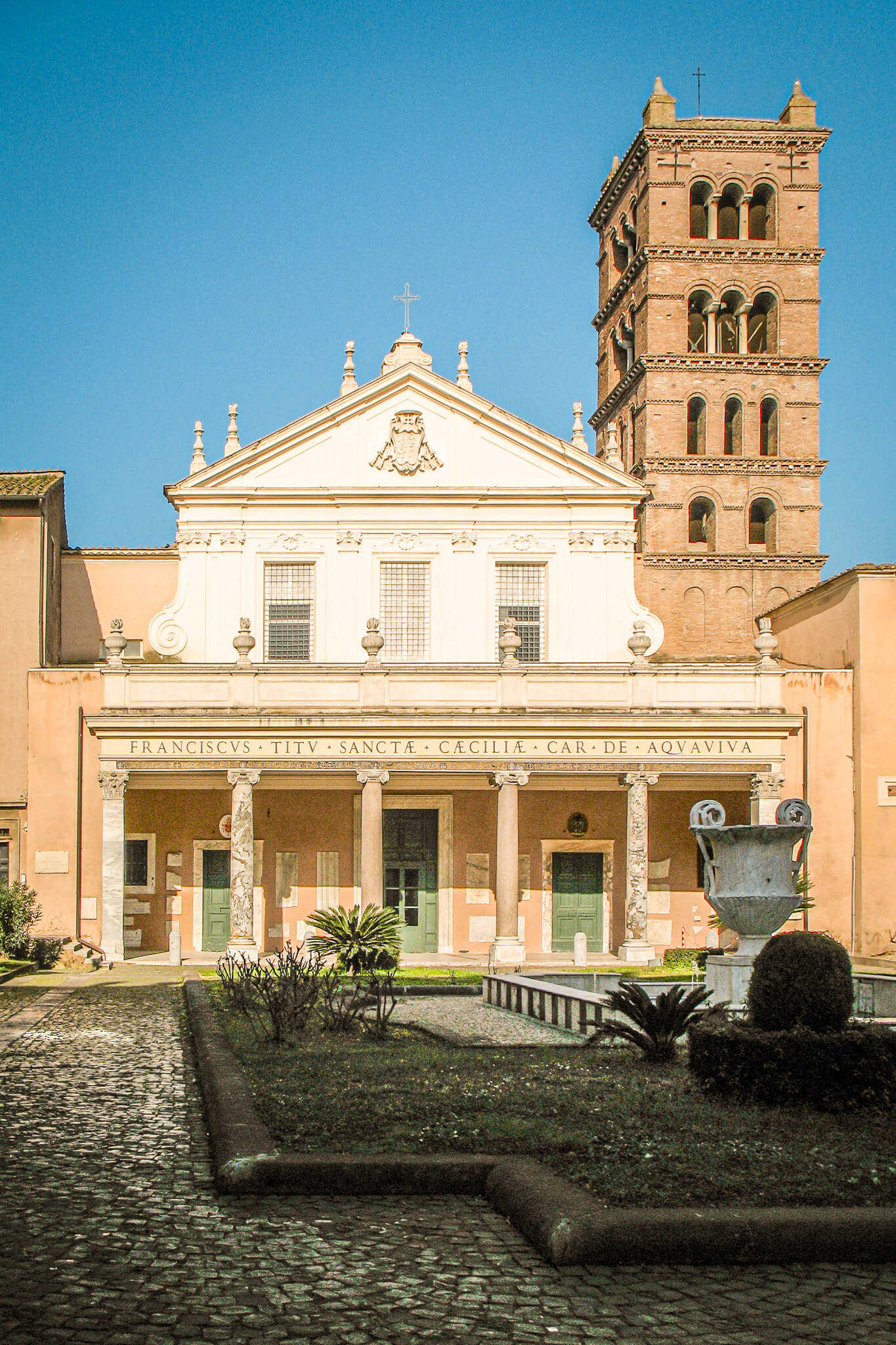 The facade and bell tower of Santa Cecilia in Trastevere