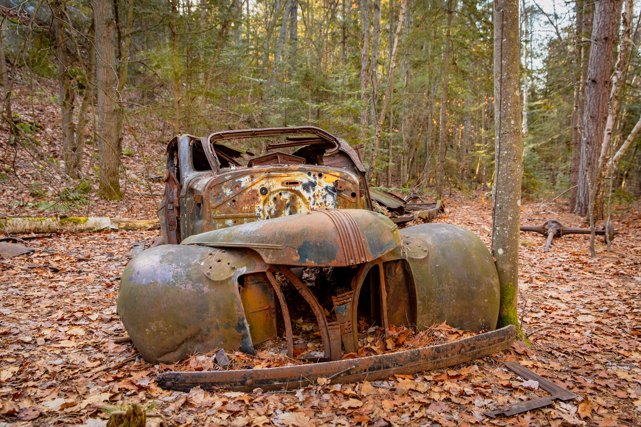 An old car and tractor embedded in the ground along Killarney’s Granite Ridge Trail is a reminder of the farm that once occupied this land