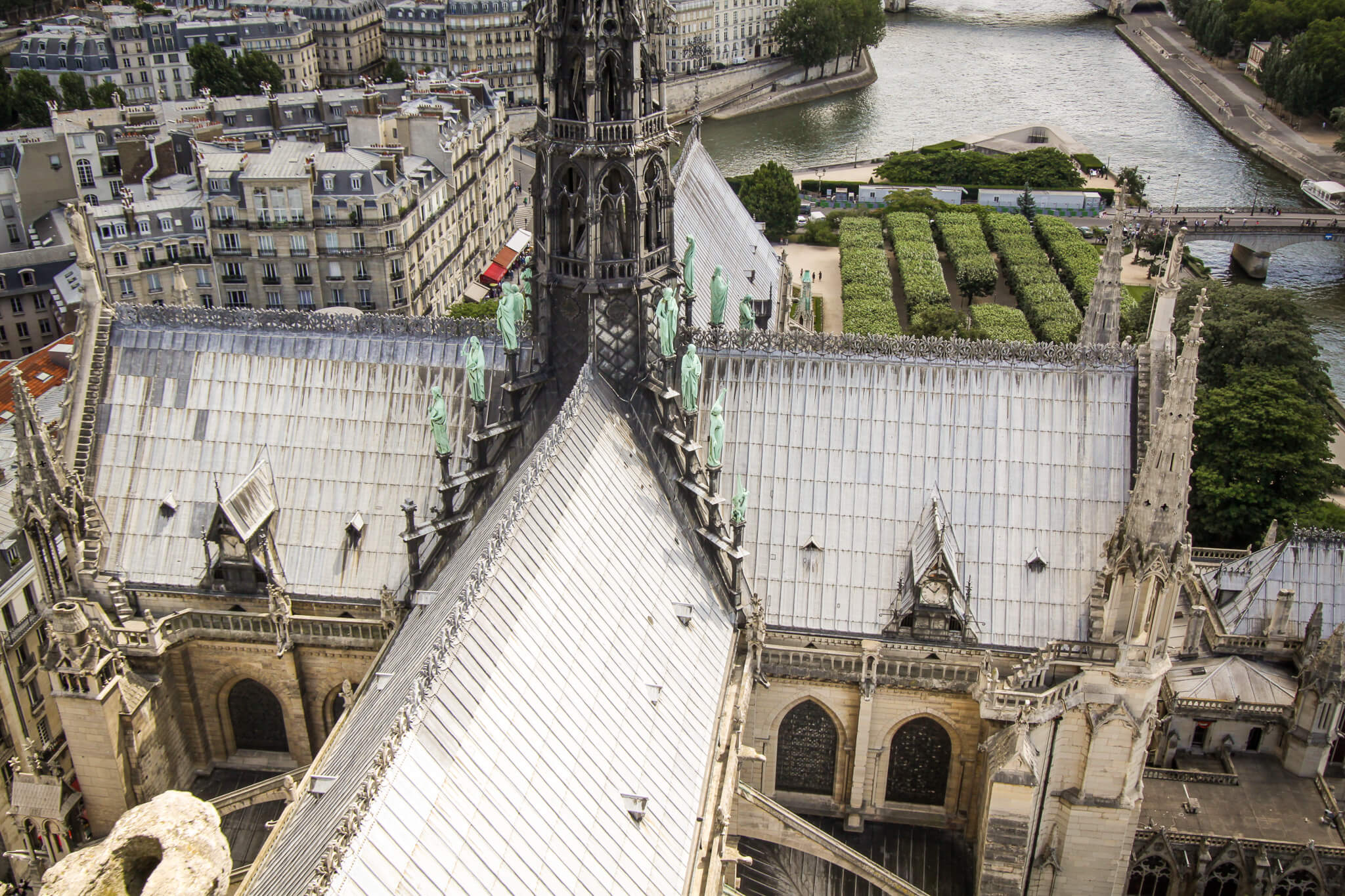 View of the Notre-Dame de Paris roof from the bell towers