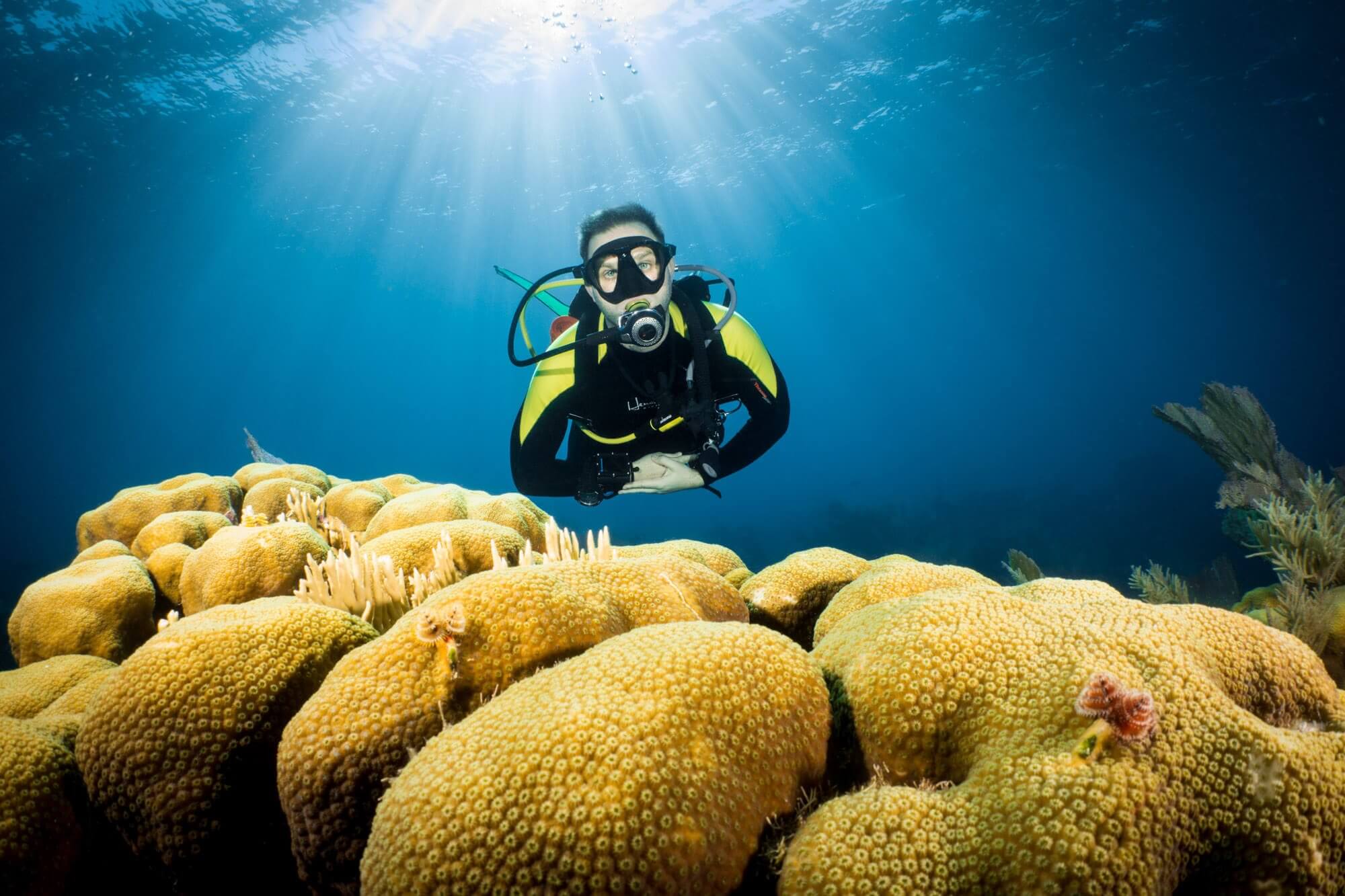 Scuba diver (Keith) over the coral reef in Belize