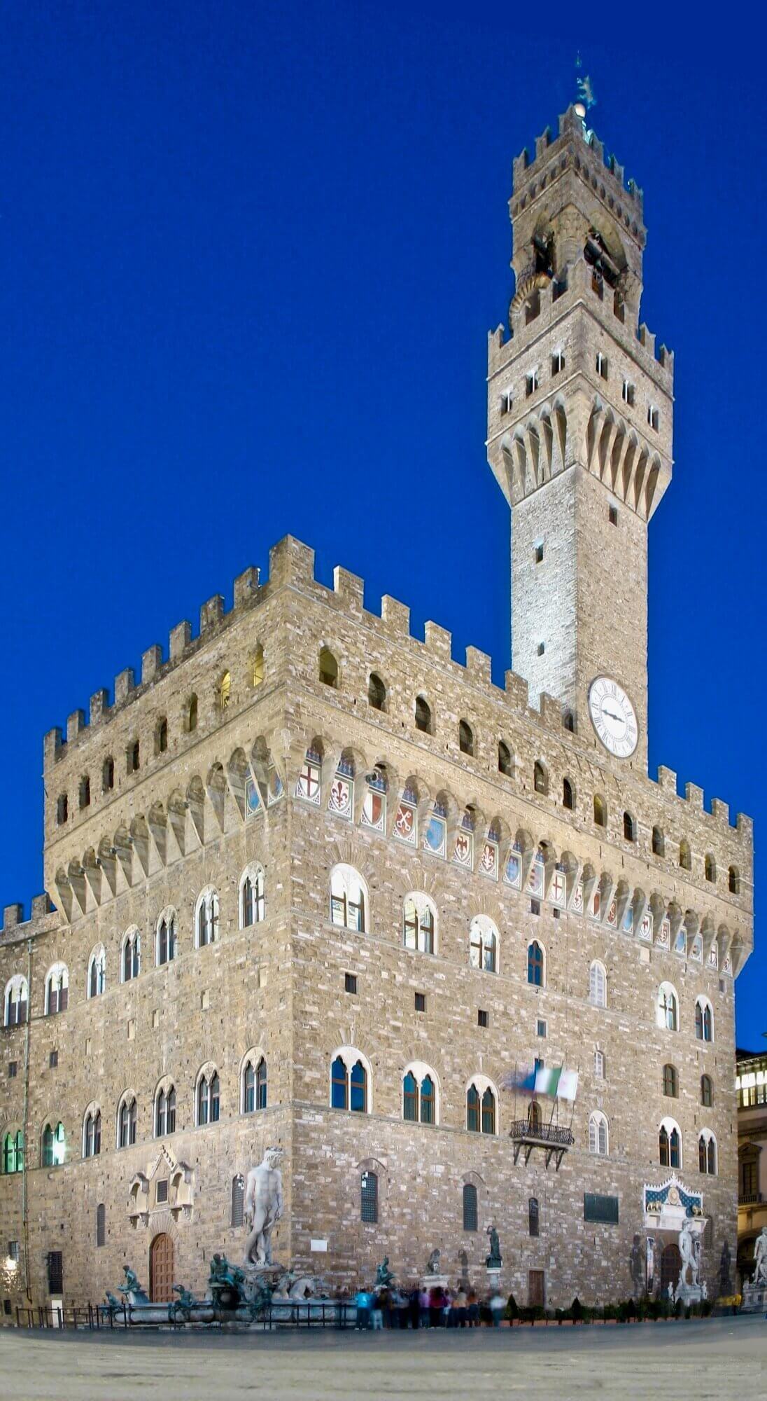 The castle-like Palazzo Vecchio in the heart of Florence, where Michelangelo's David originally stood