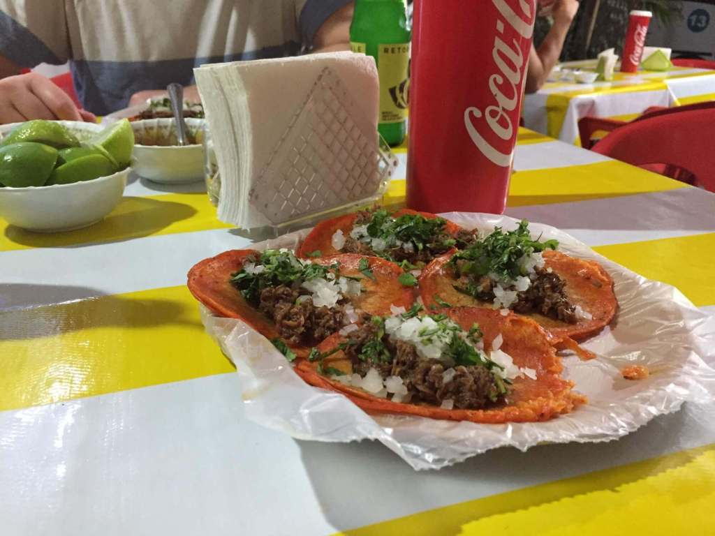 Strewed meat tacos at Tacos Birria in Playa del Carmen