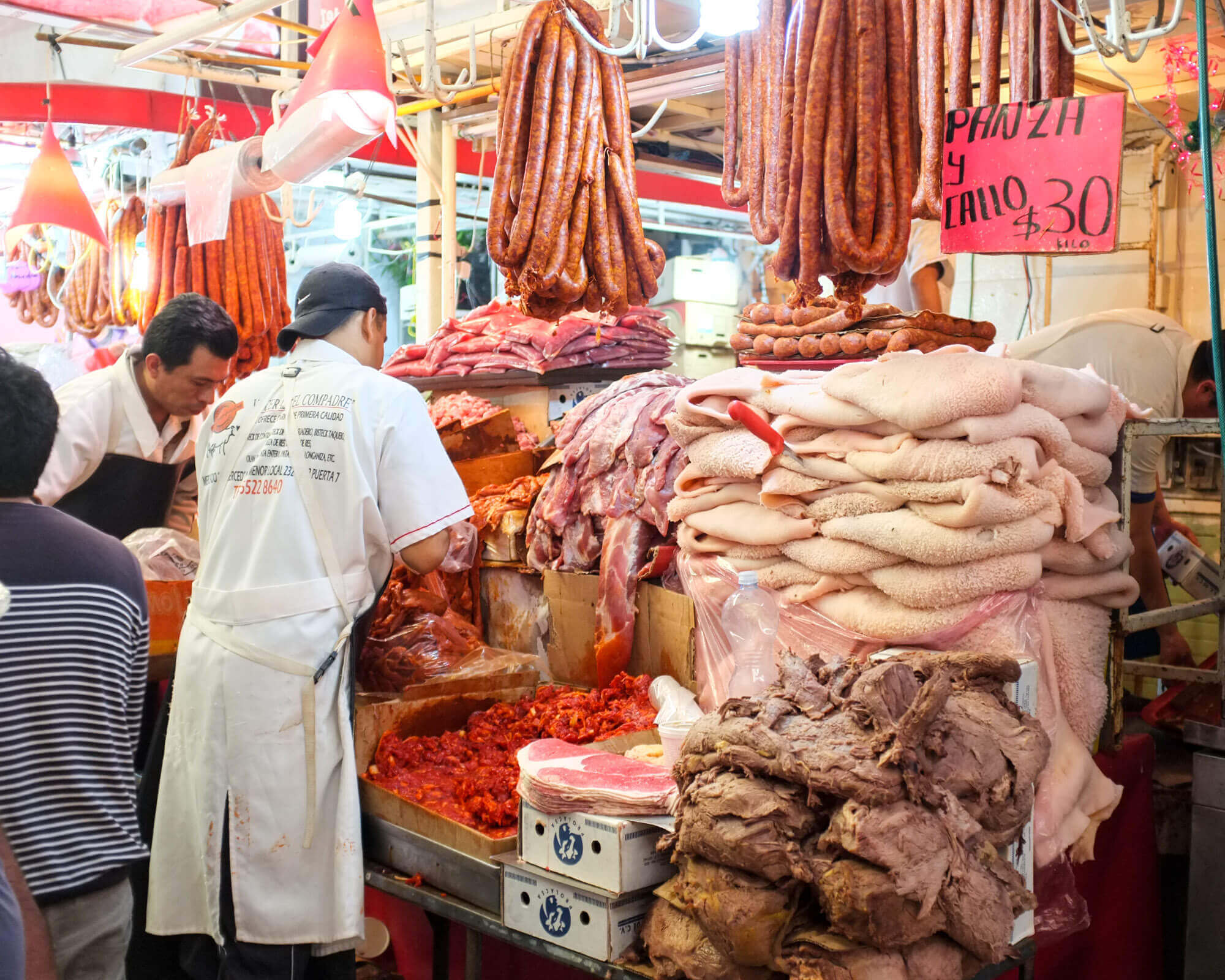 Organized stacks of meat at La Merced