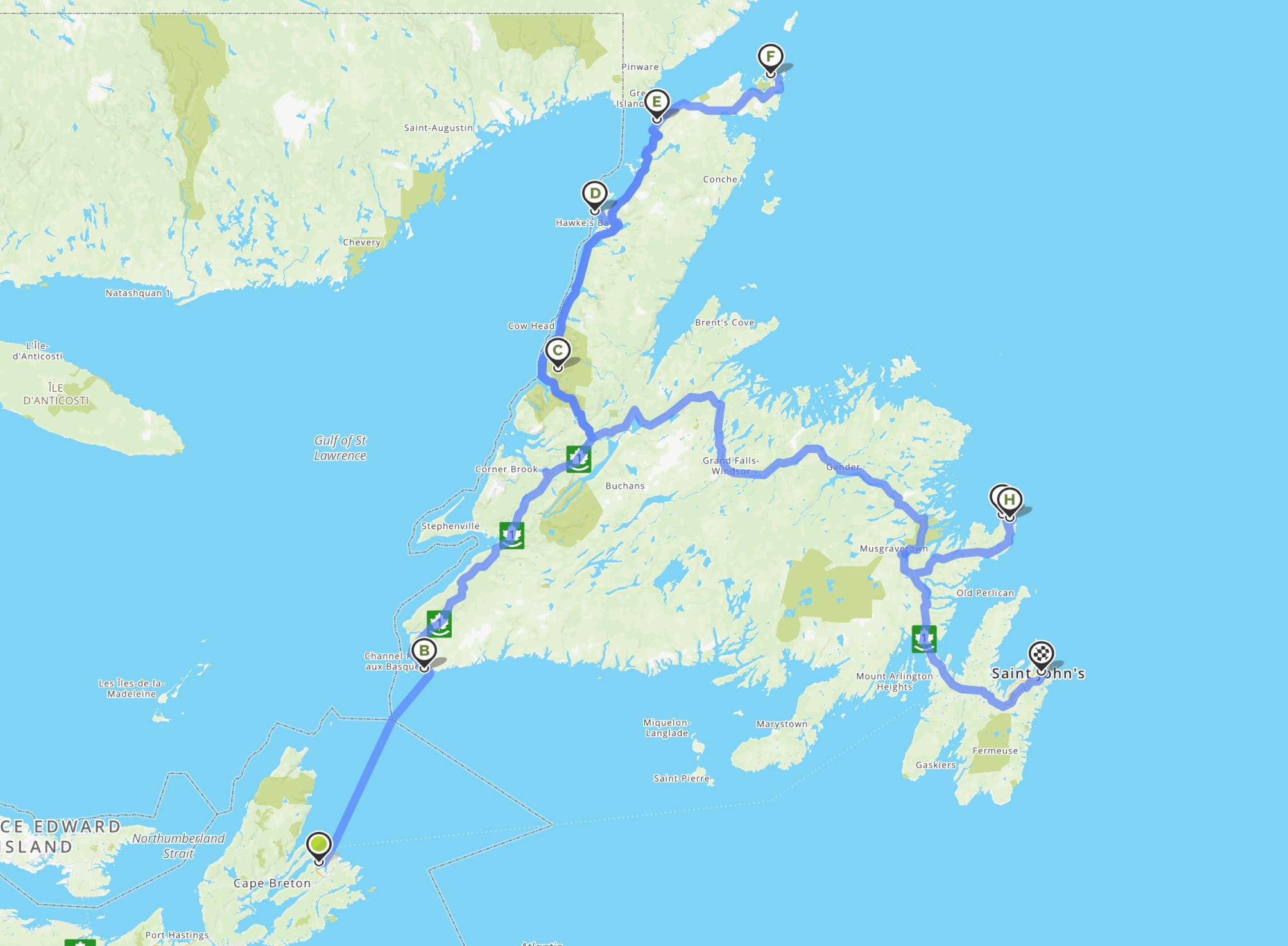 Map showing route of a Newfoundland roadtrip from Port aux Basques to St. John’s with stops in between