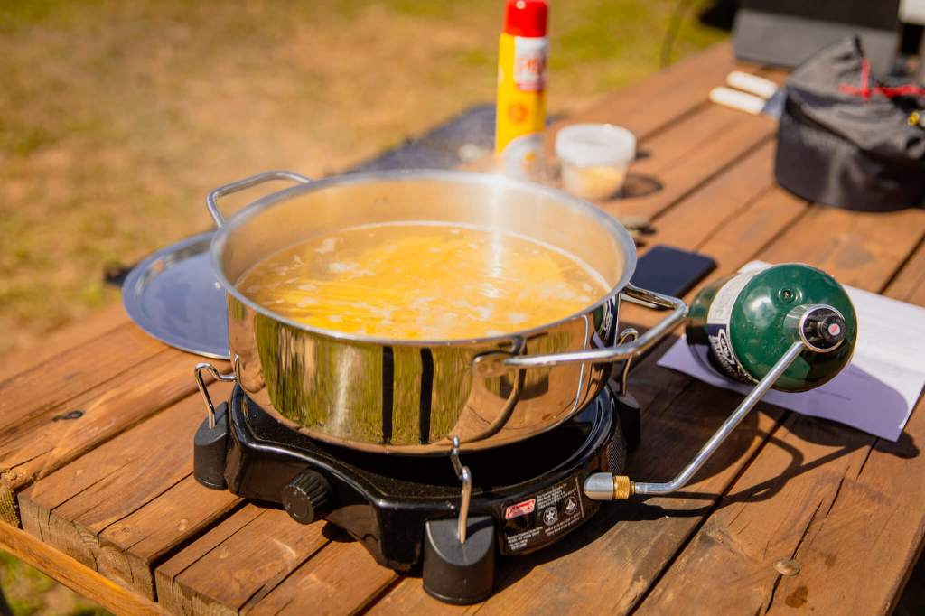 Cooking pasta on the Coleman PowerPack propane camping stove