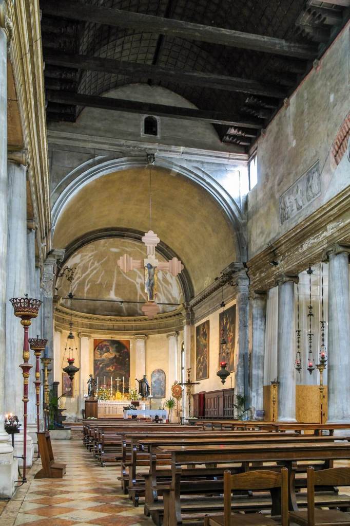 The interior of San Polo church with its beautiful ship's keep ceiling