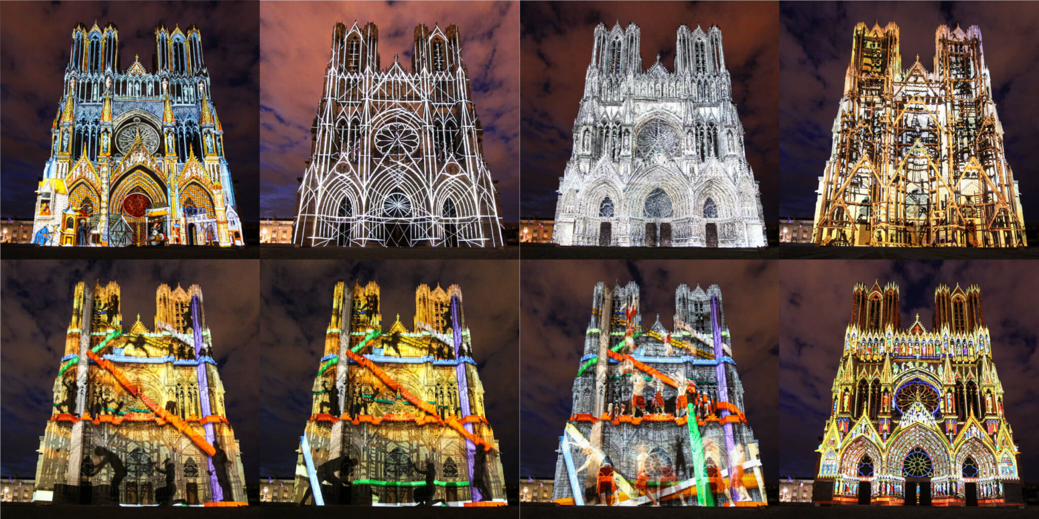 The Reims Cathedral illuminated with stunning animated patterns during a light show at night