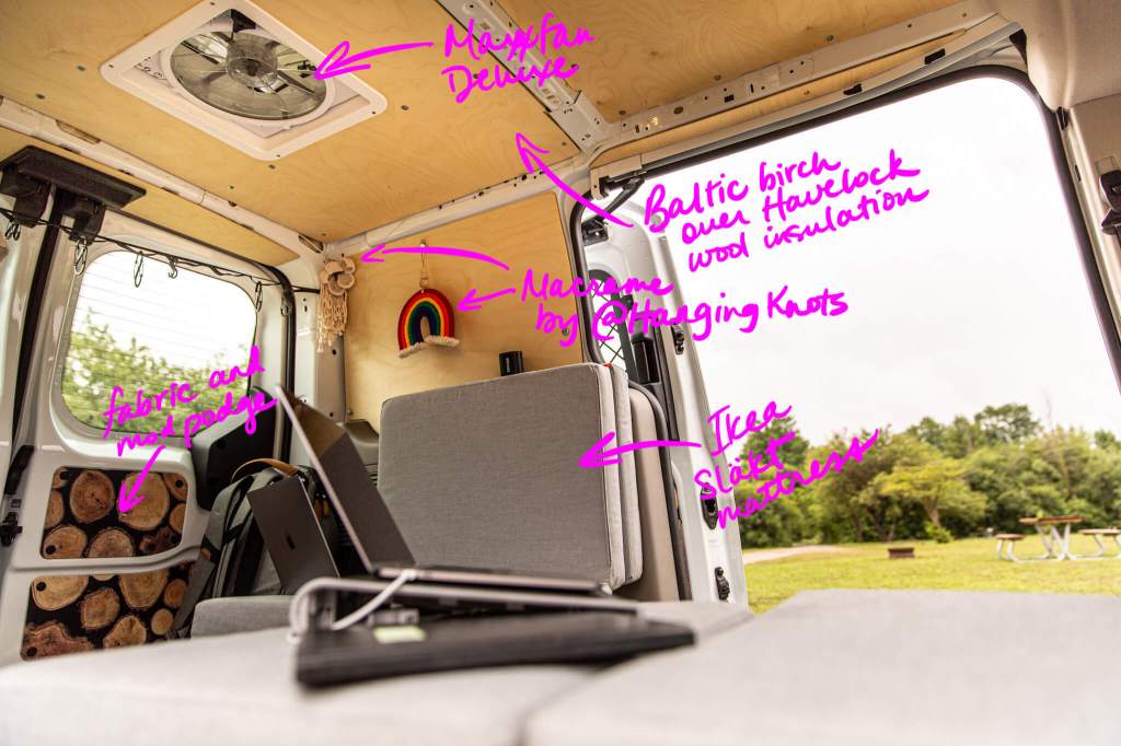 Interior of a Transit Connect camper van conversion with notes pointing out conversion details
