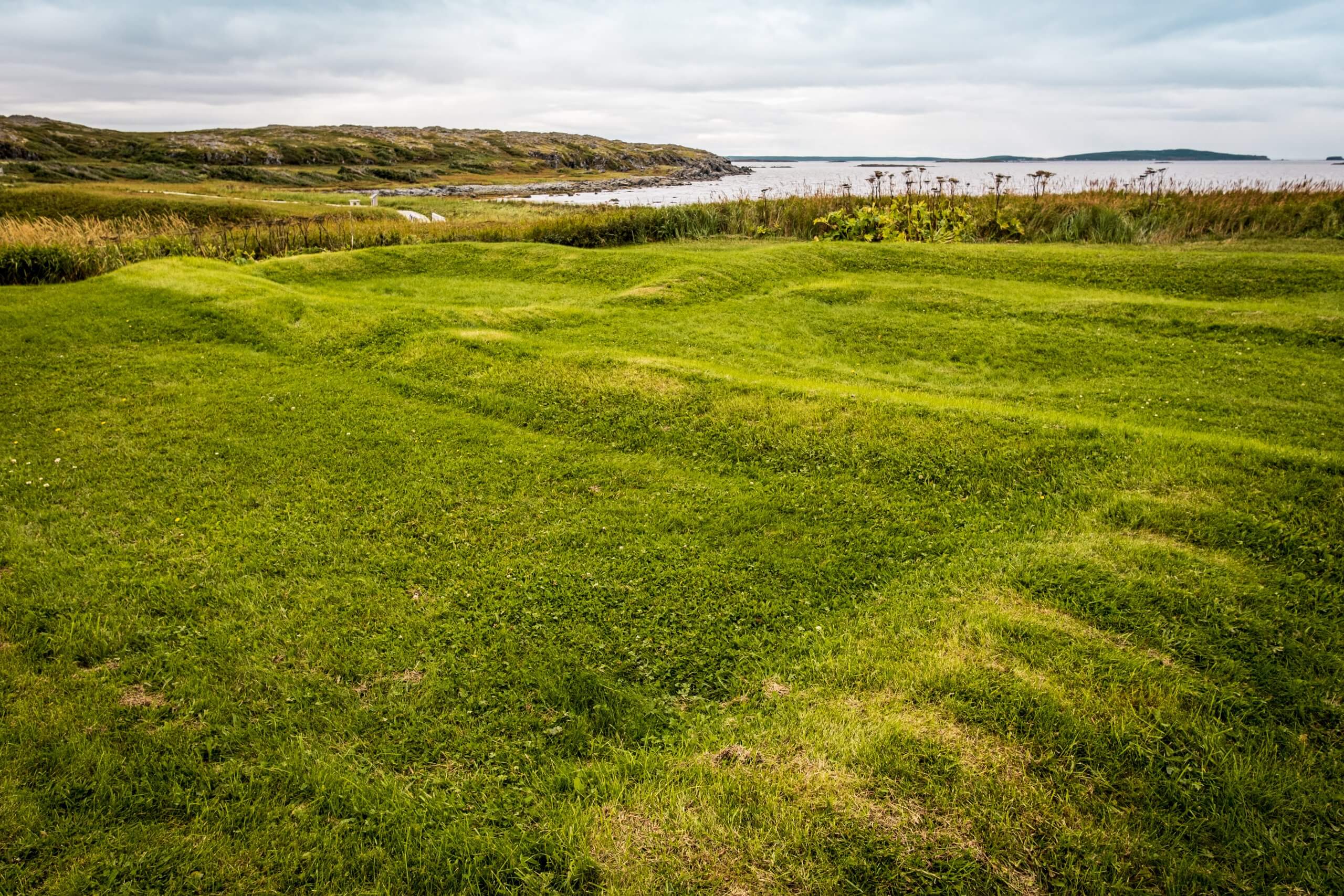 A grassy area at L’Anse aux Meadows where Norse settlements once stood