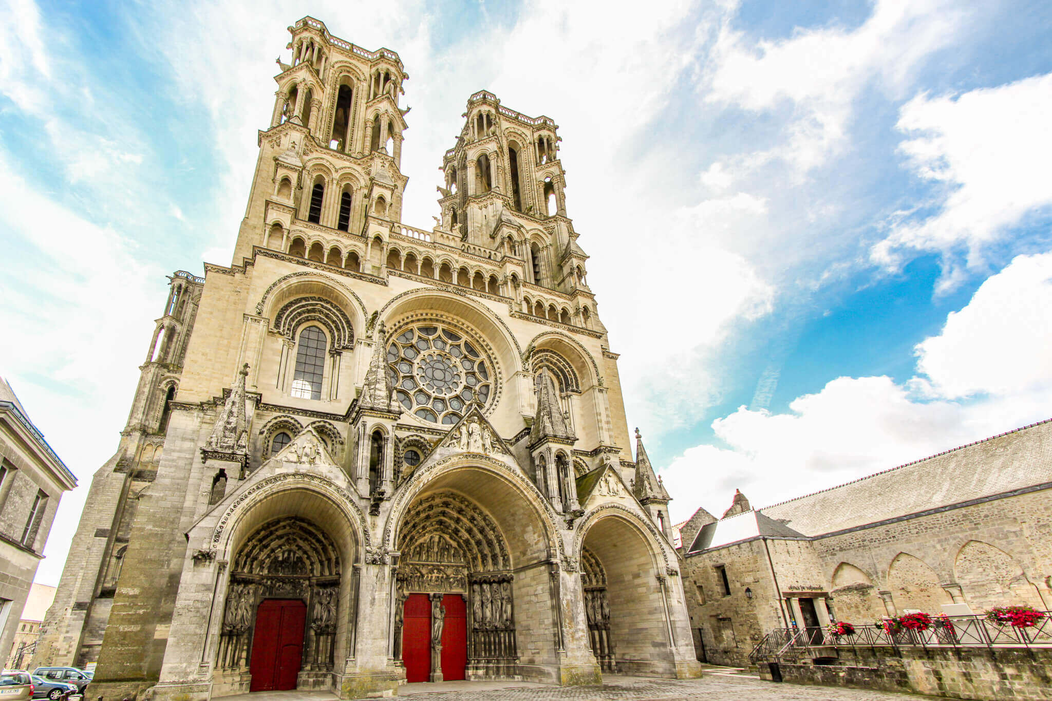 The Laon Cathedral front facade with its deeply recessed portals