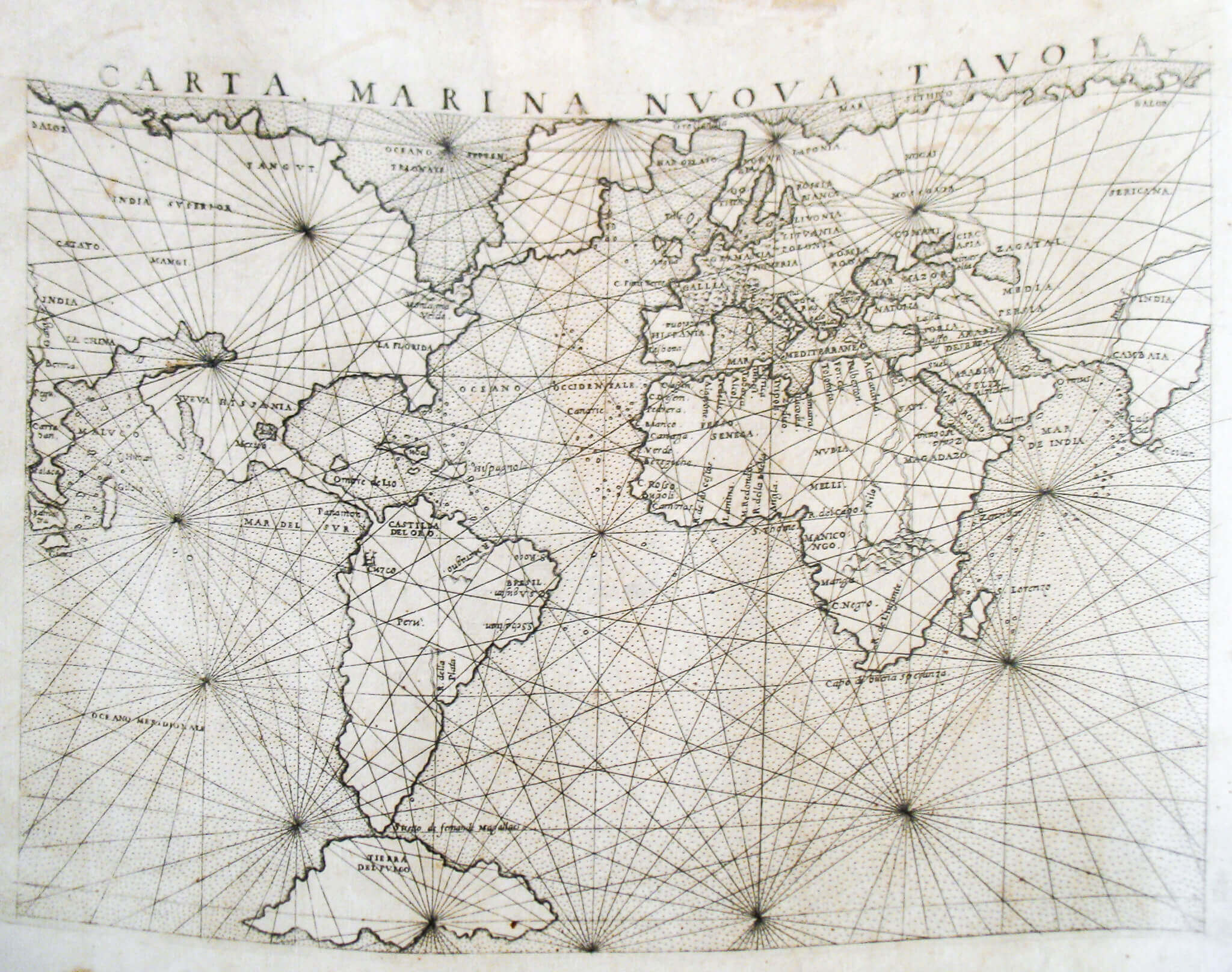 An antique world map Carta Marina from 1561 by Girolamo Ruscelli, who worked in Venice, showing North America connected with Asia