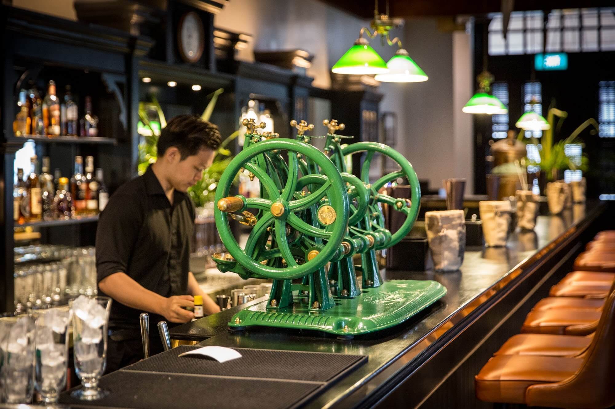 The hand-cranked Singapore Sling shaking machine at Long Bar in Raffles Hotel in Singapore