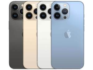 Lineup of Apple iPhone 13 Pro phones showing 3 camera lenses
