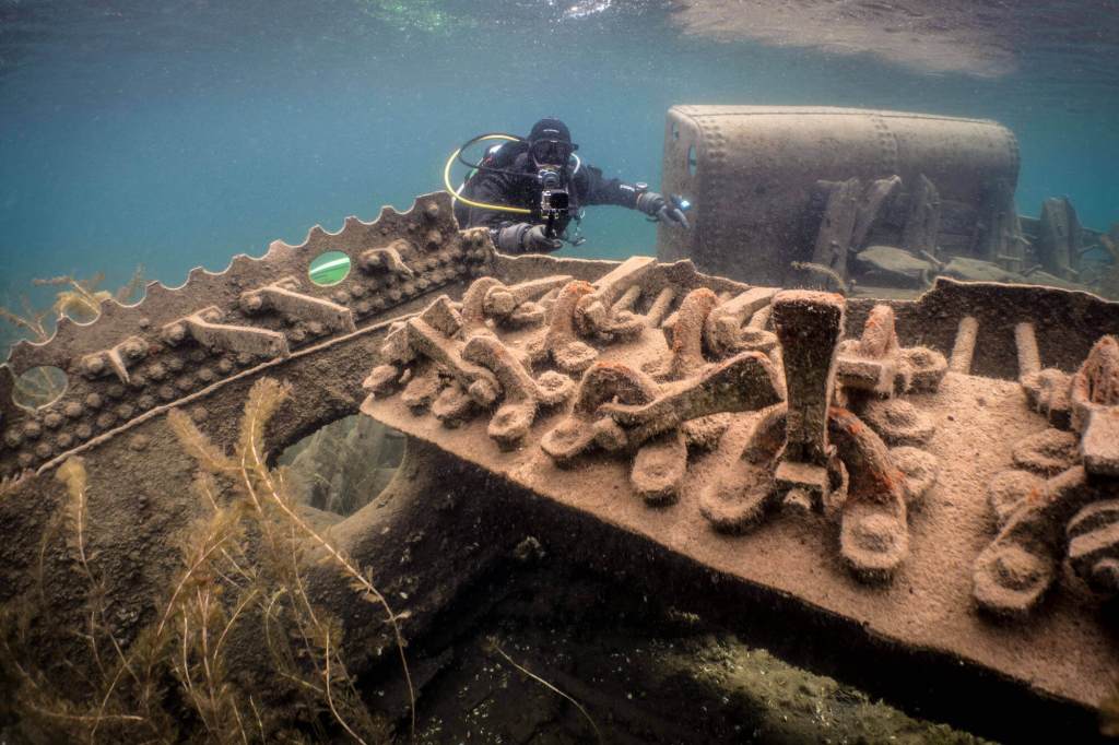 A scuba diver explores the City of Grand Rapids passenger steamer shipwreck in Big Tub Harbour in Tobermory