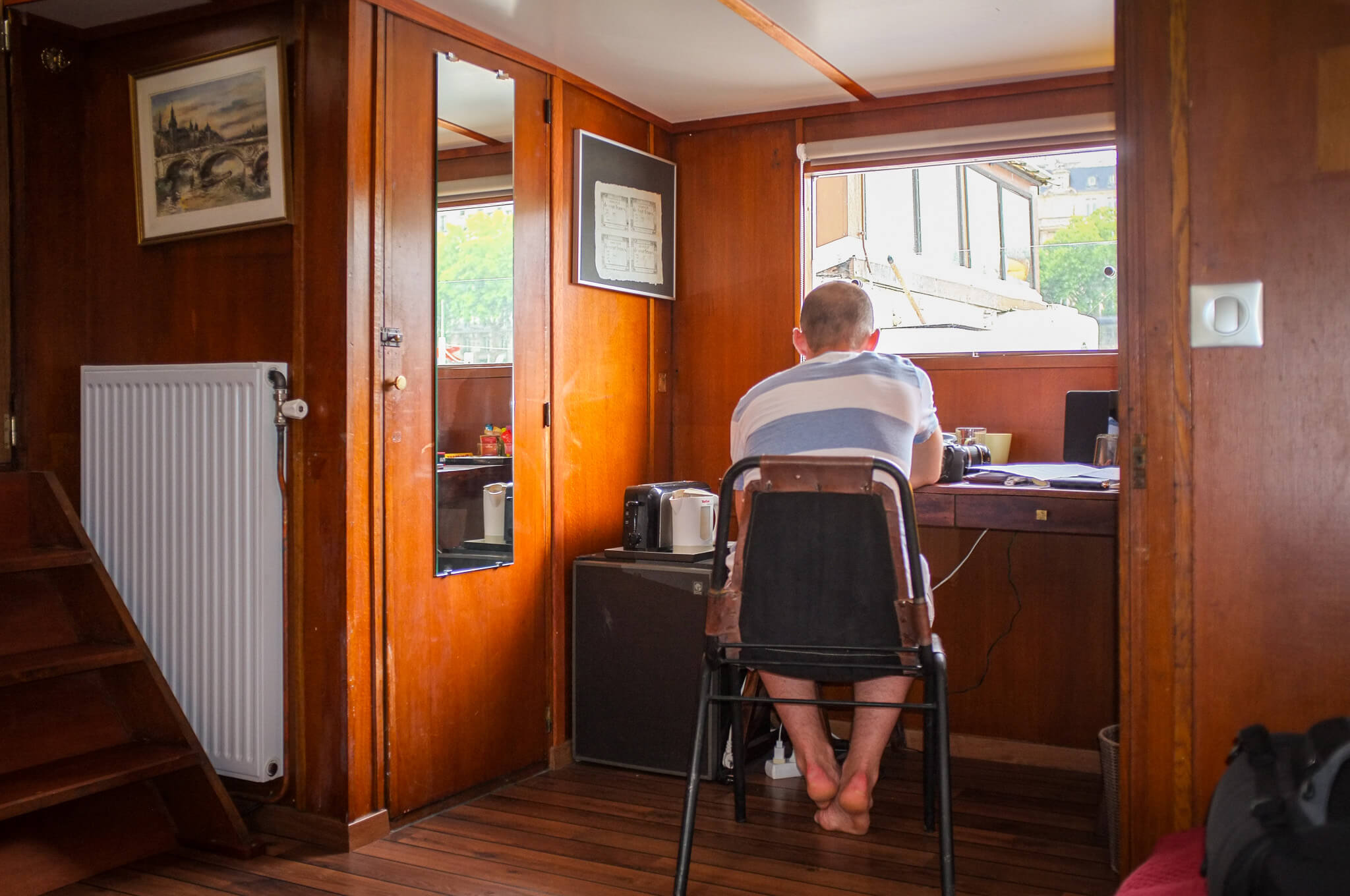 The office area in our houseboat on the Seine River in Paris