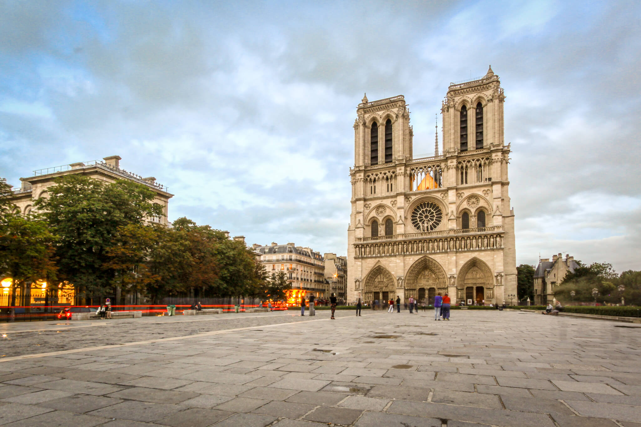 Front facade of the Notre-Dame de Paris Cathedral