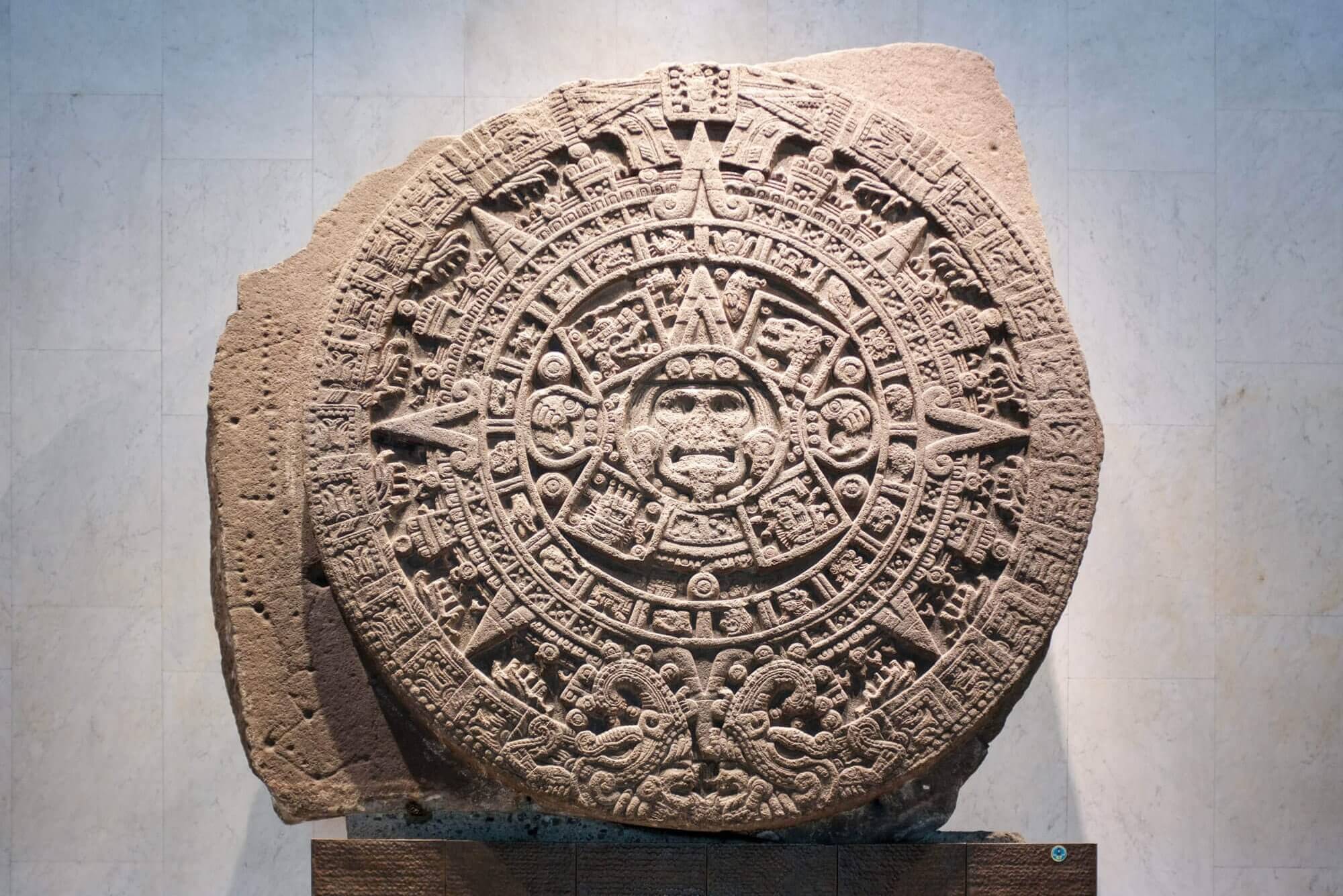 The Sun Stone, or Aztec Calendar Stone, at the National Museum of Anthropology in Mexico City