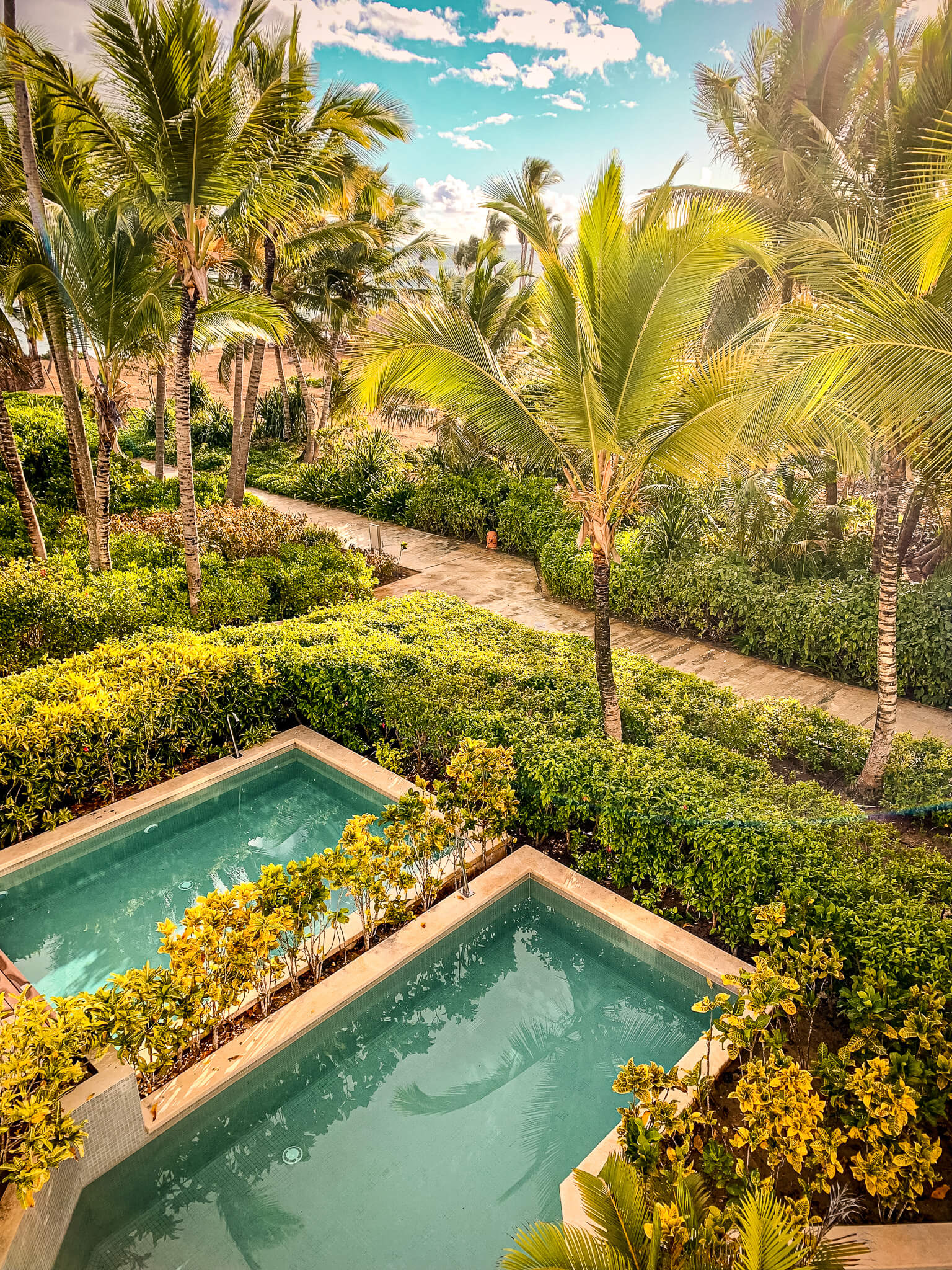 Private pools surrounded by green shrubs and palm trees with the beach in the background
