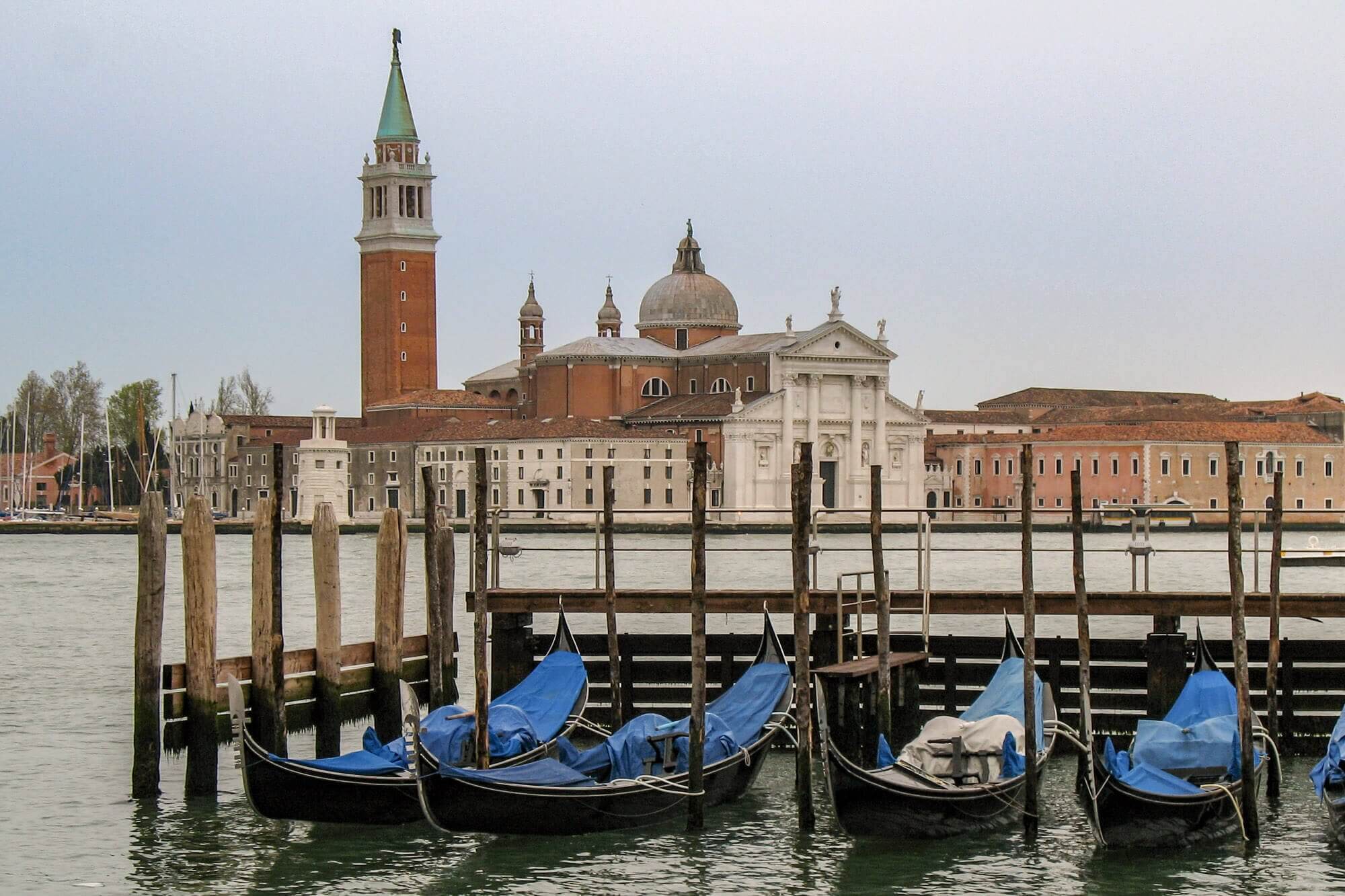 Looking across the channel at San Giorgio Maggiore with Venetian gondolas in the foreground