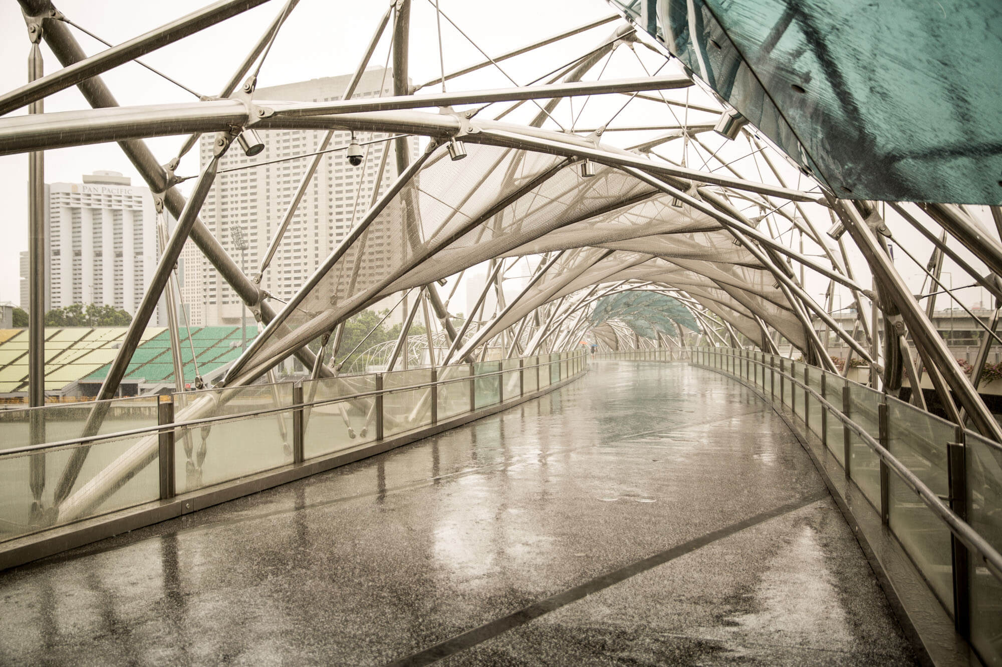 The Helix Bridge in Singapore in heavy rain