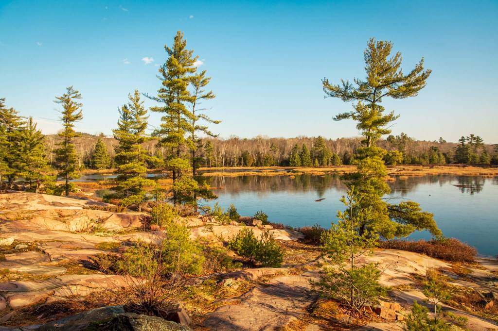 The rugged rocky landscape and interior lakes of Killarney Provincial Park